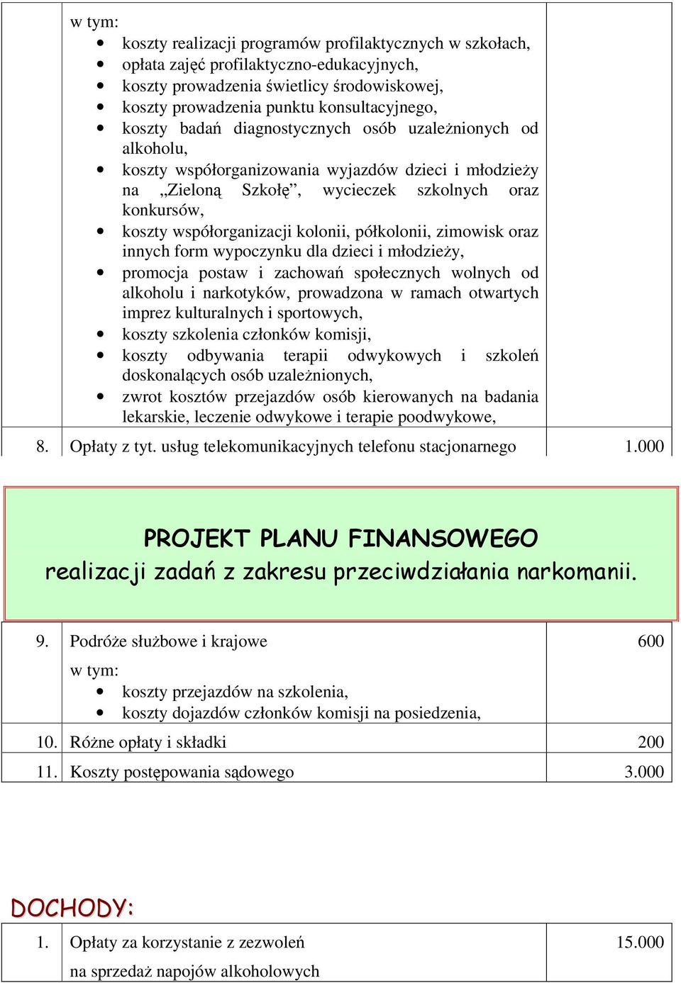 półkolonii, zimowisk oraz innych form wypoczynku dla dzieci i młodziey, promocja postaw i zachowa społecznych wolnych od alkoholu i narkotyków, prowadzona w ramach otwartych imprez kulturalnych i