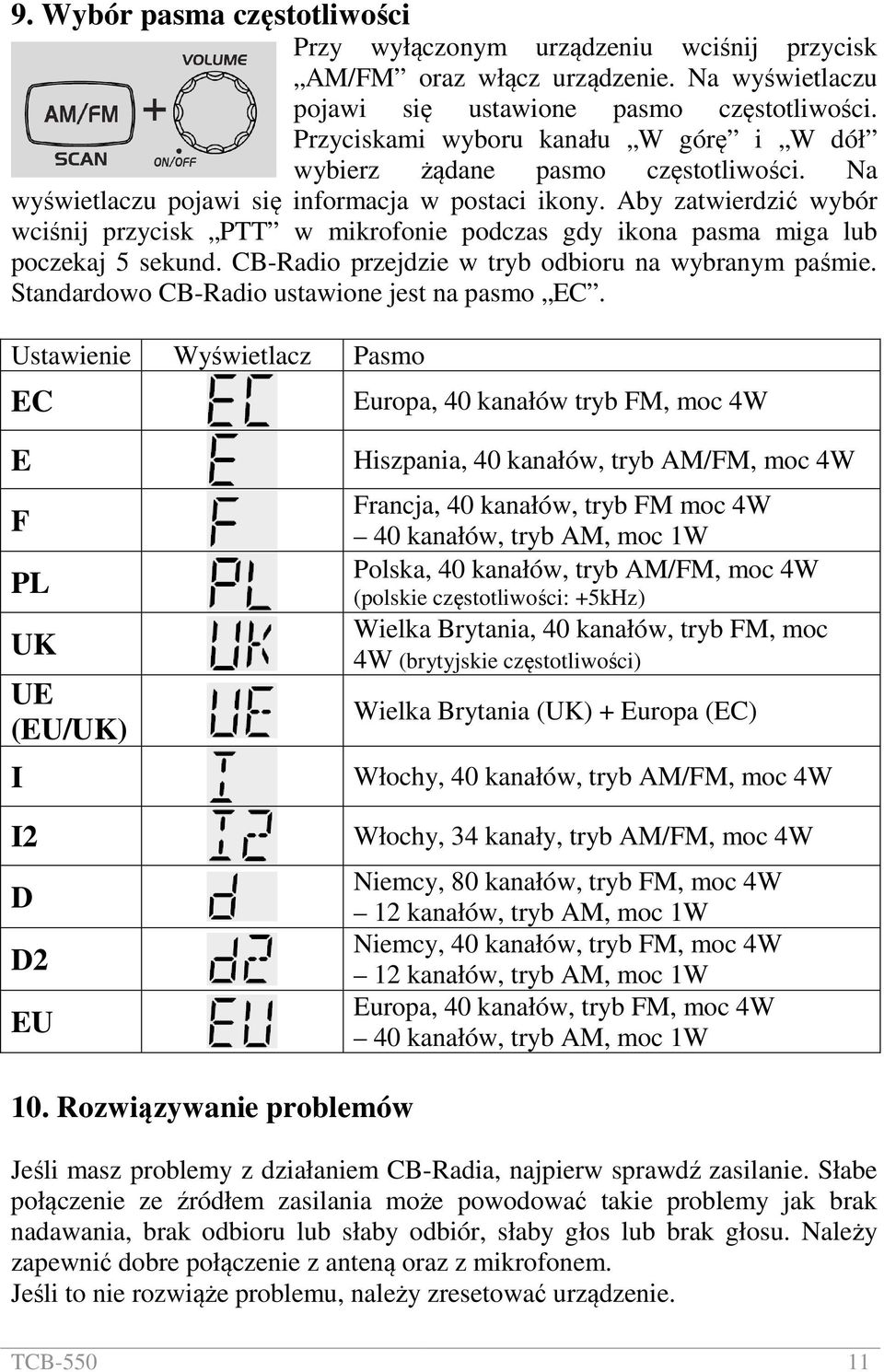 Aby zatwierdzić wybór wciśnij przycisk PTT w mikrofonie podczas gdy ikona pasma miga lub poczekaj 5 sekund. CB-Radio przejdzie w tryb odbioru na wybranym paśmie.