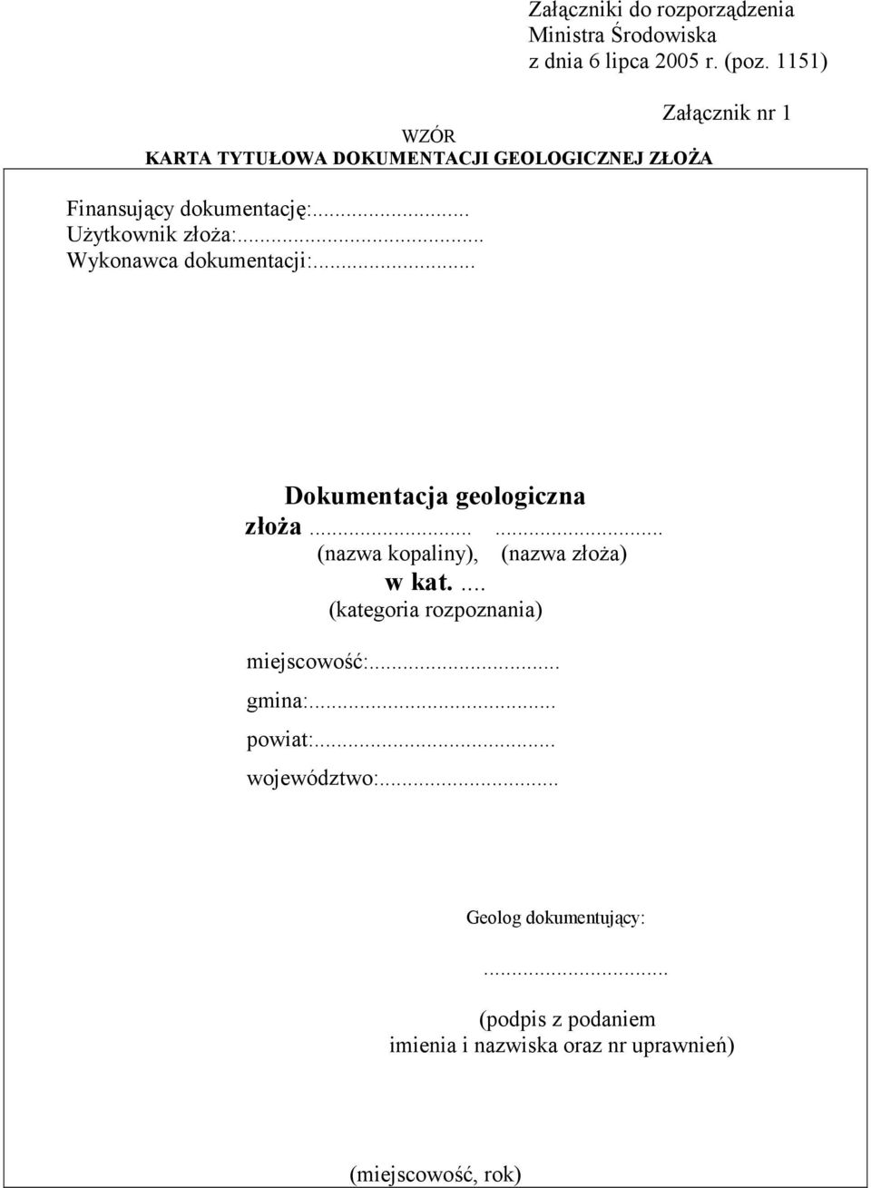 .. Wykonawca dokumentacji:... Załącznik nr 1 Dokumentacja geologiczna złoża...... (nazwa kopaliny), (nazwa złoża) w kat.