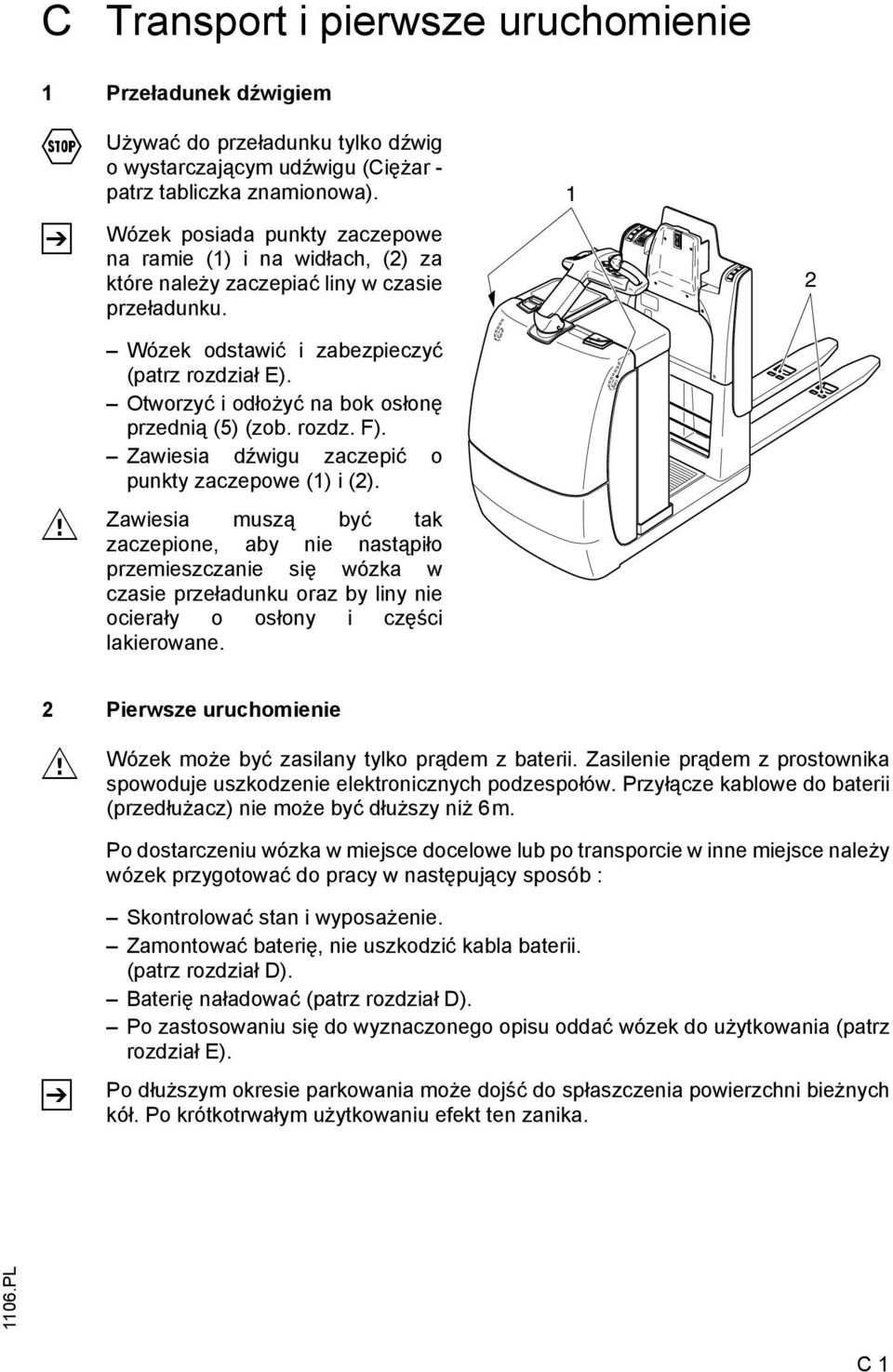 Otworzyć i odłożyć na bok osłonę przednią (5) (zob. rozdz. F). awiesia dźwigu zaczepić o punkty zaczepowe (1) i (2).