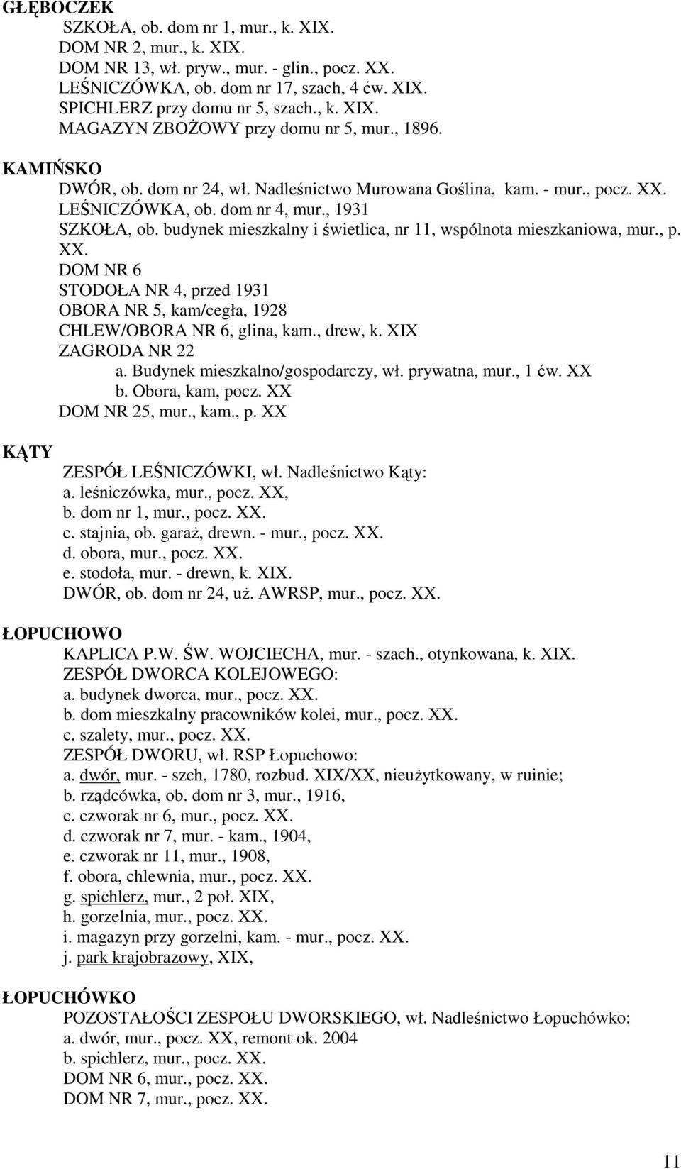 budynek mieszkalny i świetlica, nr 11, wspólnota mieszkaniowa, mur., p. XX. DOM NR 6 STODOŁA NR 4, przed 1931 OBORA NR 5, kam/cegła, 1928 CHLEW/OBORA NR 6, glina, kam., drew, k. XIX ZAGRODA NR 22 a.