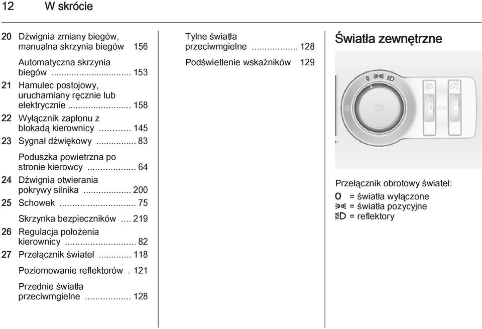 .. 200 25 Schowek... 75 Skrzynka bezpieczników... 219 26 Regulacja położenia kierownicy... 82 27 Przełącznik świateł... 118 Poziomowanie reflektorów.