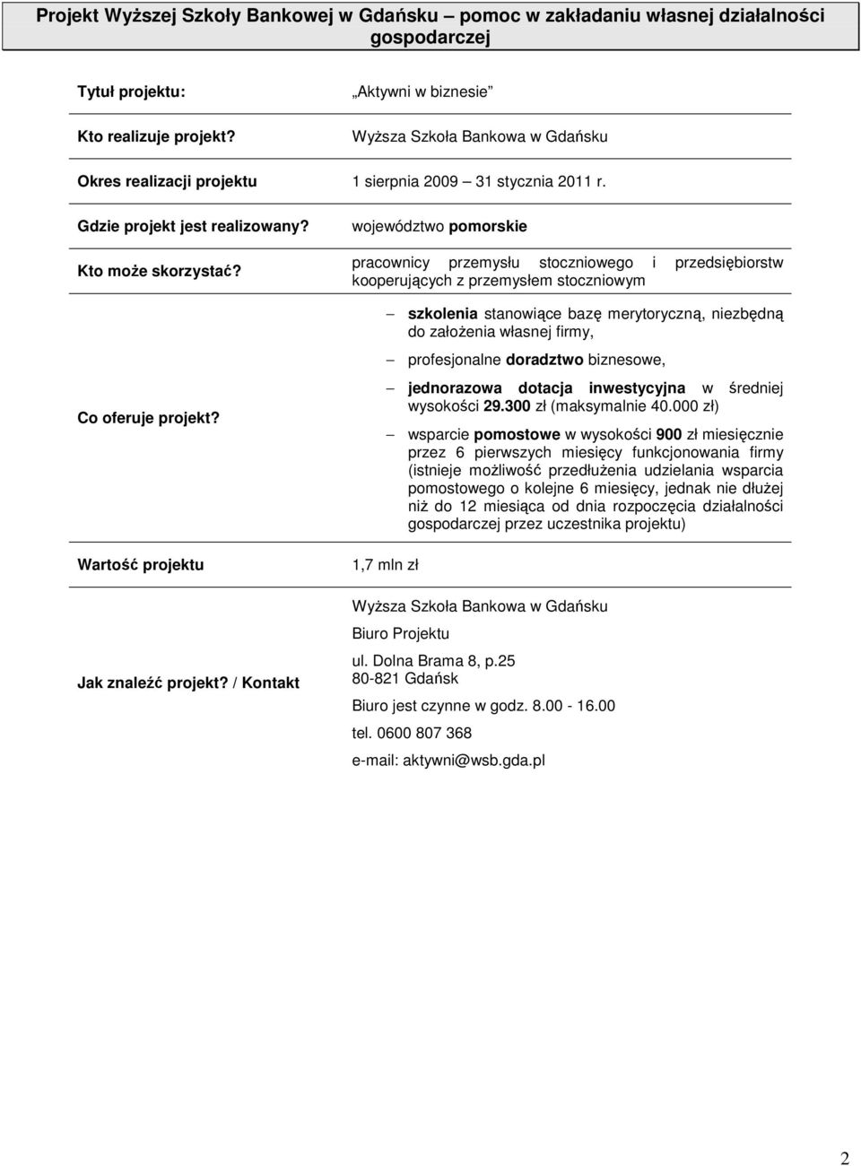 pracownicy przemysłu stoczniowego i przedsiębiorstw kooperujących z przemysłem stoczniowym 1,7 mln zł szkolenia stanowiące bazę merytoryczną, niezbędną do załoŝenia własnej firmy, profesjonalne