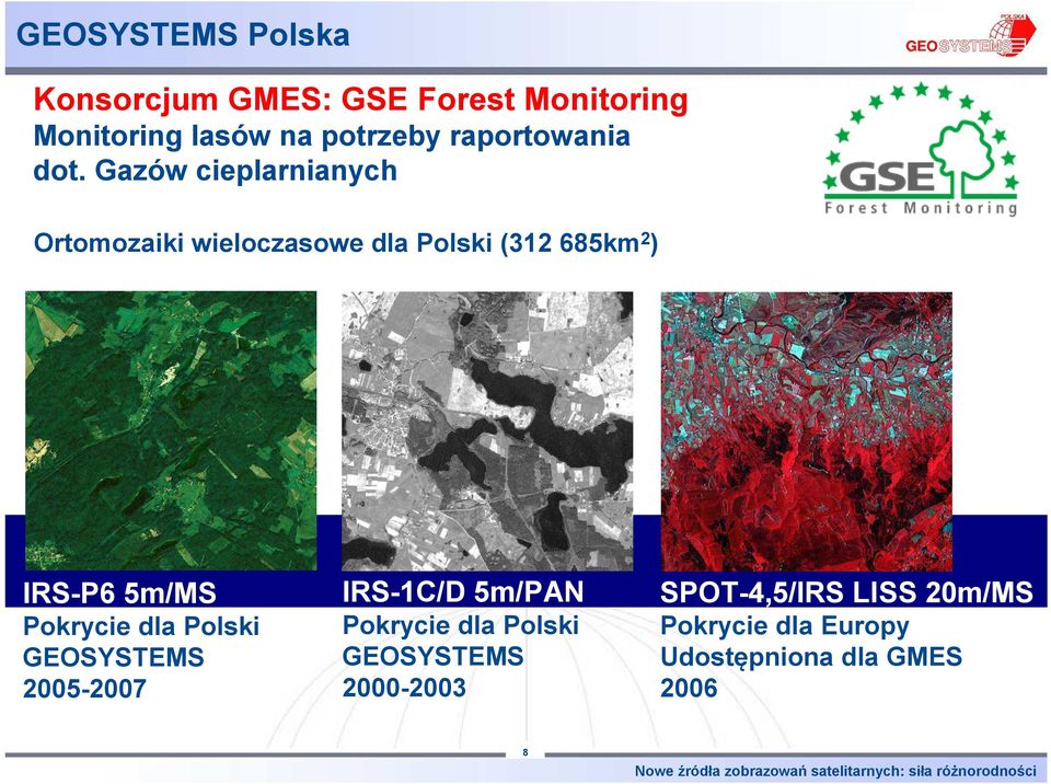 Gazów cieplarnianych Ortomozaiki wieloczasowe dla Polski (312 685km 2 ) IRS-P6 5m/MS