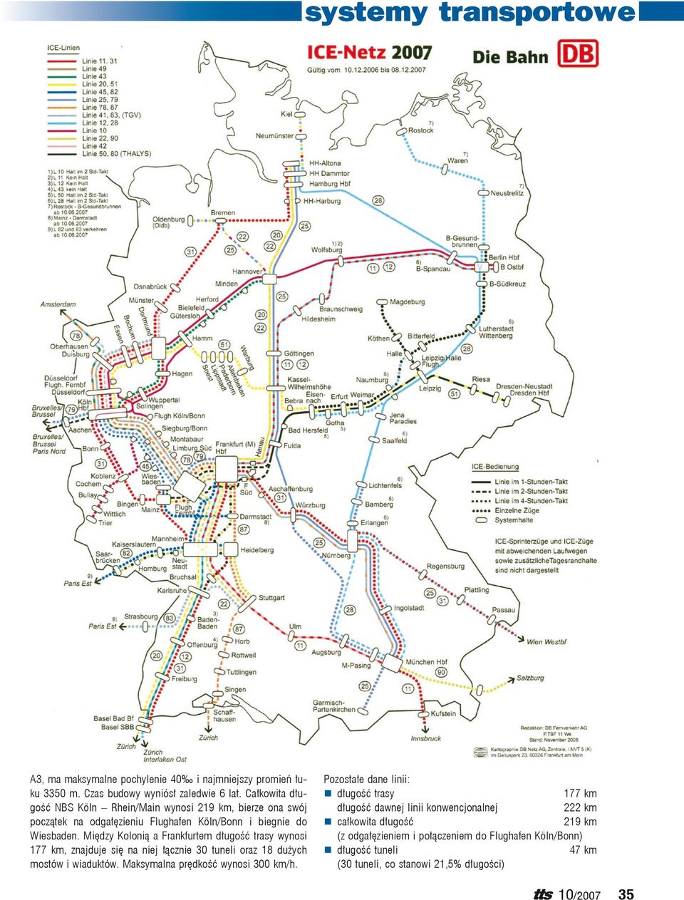 Między Kolonią a Frankfurtem długość trasy wynosi 177 km, znajduje się na niej łącznie 30 tuneli oraz 18 dużych mostów i wiaduktów.