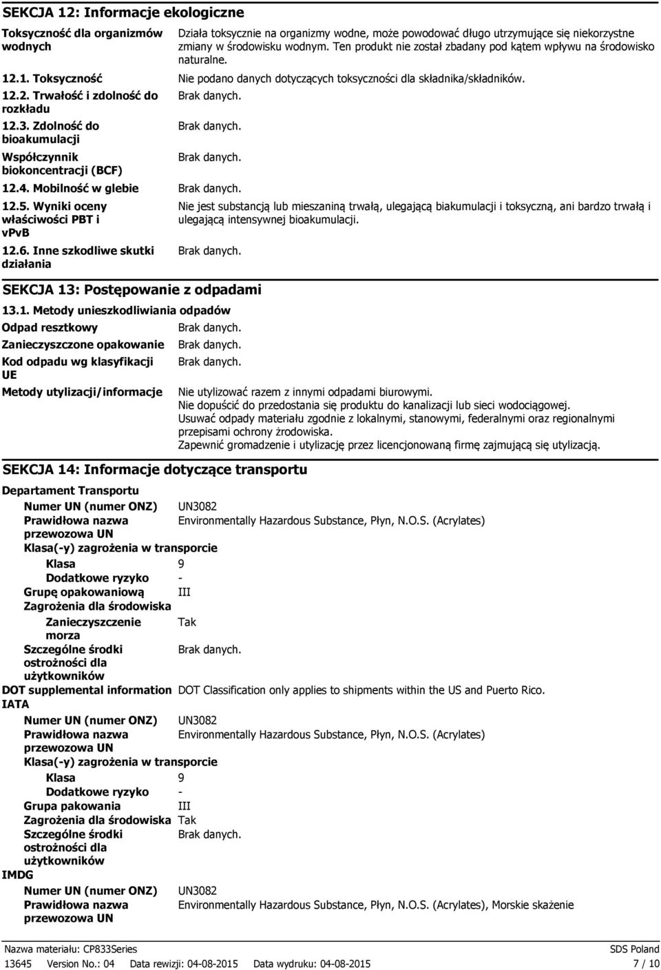 3. Zdolność do bioakumulacji Współczynnik biokoncentracji (BCF) 12.4. Mobilność w glebie 12.5. Wyniki oceny właściwości PBT i vpvb 12.6.