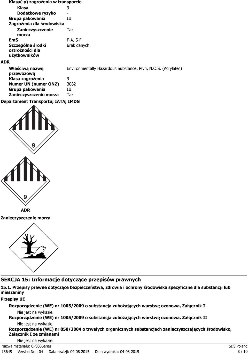 bstance, Płyn, N.O.S. (Acrylates) 9 3082 III Tak Departament Transportu; IATA; IMDG ADR Zanieczyszczenie morza SEKCJA 15