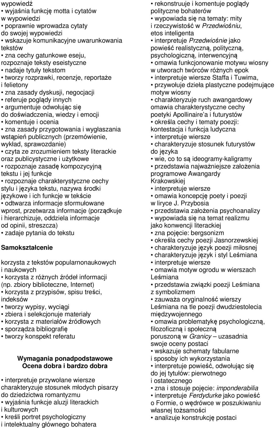 komentuje i ocenia zna zasady przygotowania i wygłaszania wstąpień publicznych (przemówienie, wykład, sprawozdanie) czyta ze zrozumieniem teksty literackie oraz publicystyczne i użytkowe rozpoznaje