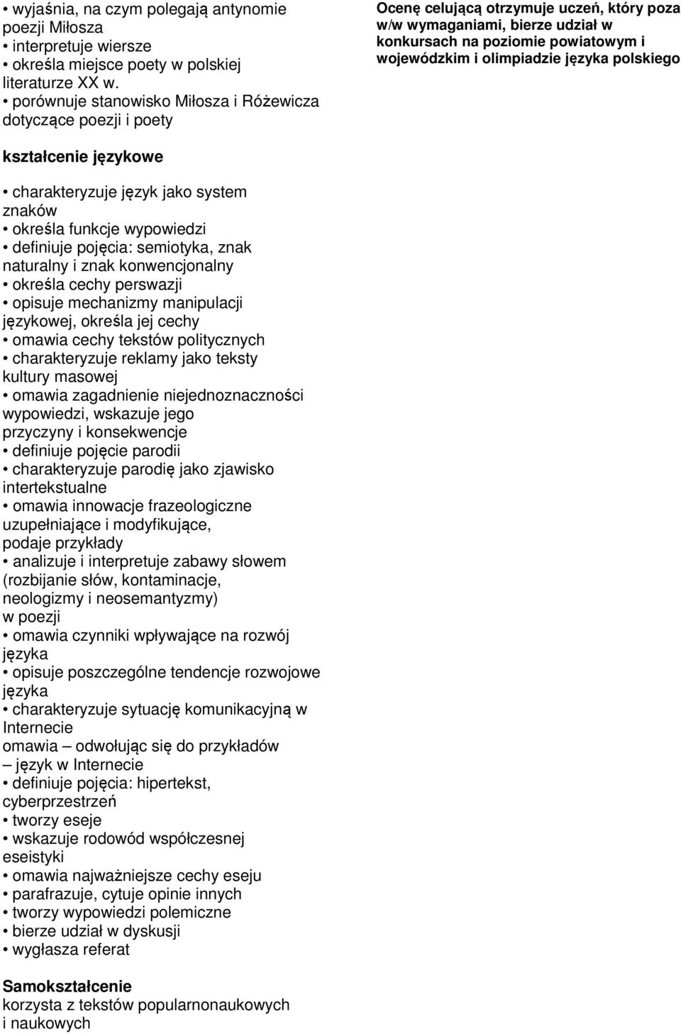 olimpiadzie języka polskiego kształcenie językowe charakteryzuje język jako system znaków określa funkcje wypowiedzi definiuje pojęcia: semiotyka, znak naturalny i znak konwencjonalny określa cechy