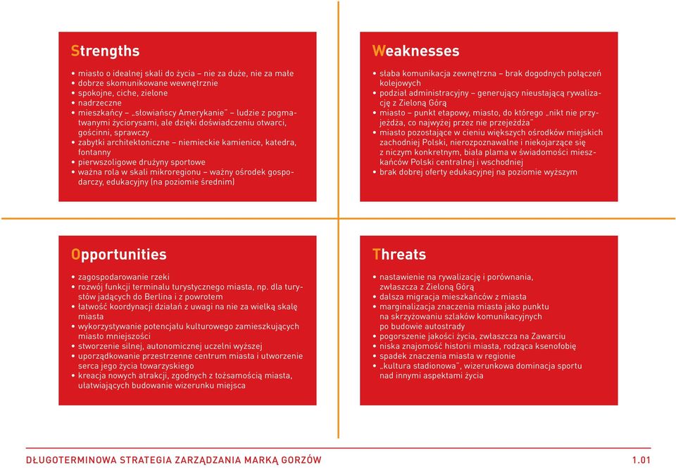 ważny ośrodek gospodarczy, edukacyjny (na poziomie średnim) Weaknesses słaba komunikacja zewnętrzna brak dogodnych połączeń kolejowych podział administracyjny generujący nieustającą rywalizację z