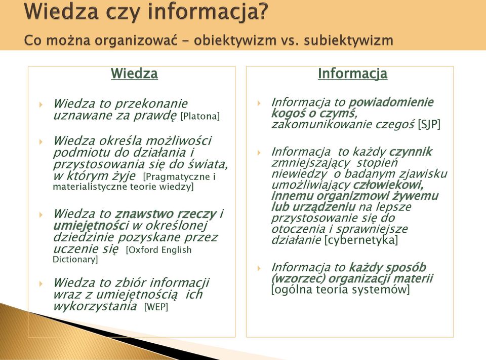 wykorzystania [WEP] Informacja to powiadomienie kogoś o czymś, zakomunikowanie czegoś [SJP] Informacja to każdy czynnik zmniejszający stopień niewiedzy o badanym zjawisku umożliwiający