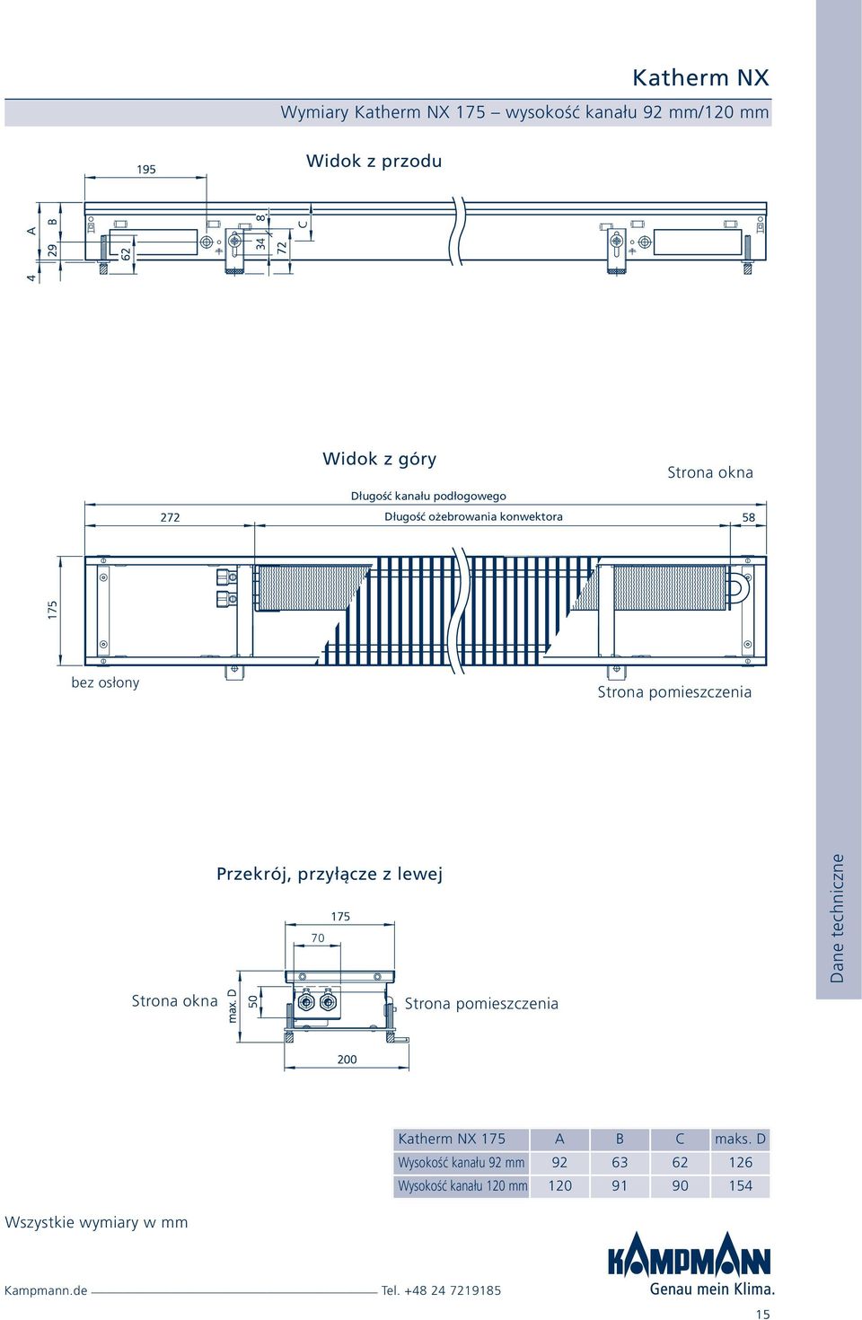 przyłącze z lewej 70 Strona okna Strona pomieszczenia Dane techniczne Katherm NX 175 A B C maks.