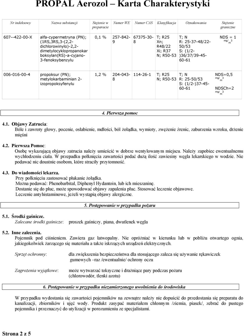 006-016-00-4 propoksur (PN); metylokarbaminian 2- izopropoksyfenylu 1,2 % 204-043- 8 114-26-1 T; R25 N; R50-53 T; N R: 25-50/53 S: (1/2-)37-45- 60-61 NDS=0,5 mg/ m 3 NDSCh=2 mg/ m 3 4.