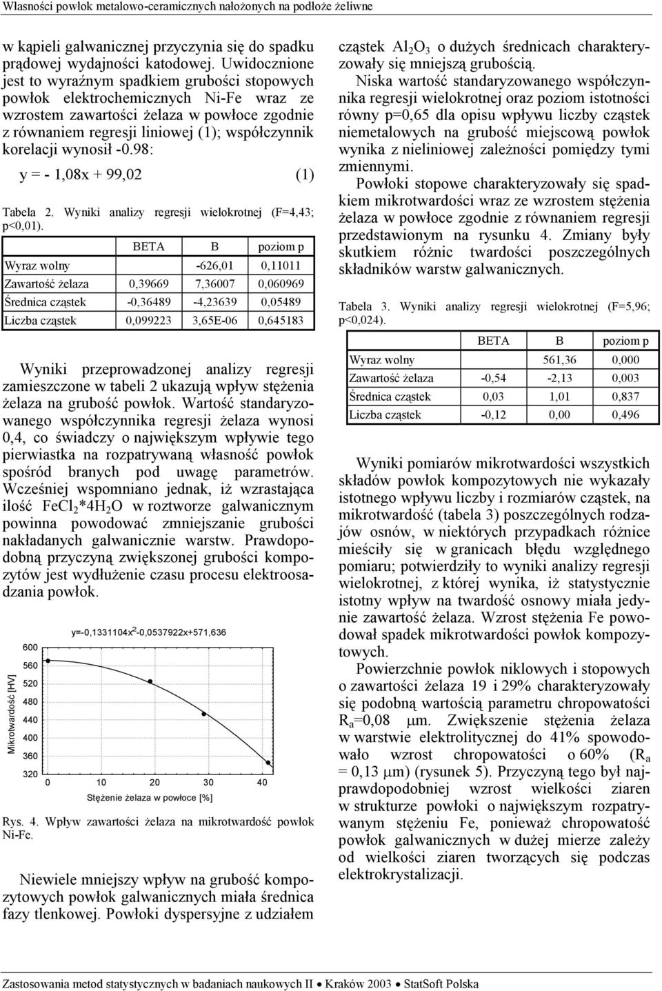 korelacji wynosił -0.98: y = - 1,08x + 99,02 (1) Tabela 2. Wyniki analizy regresji wielokrotnej (F=4,43; p<0,01).