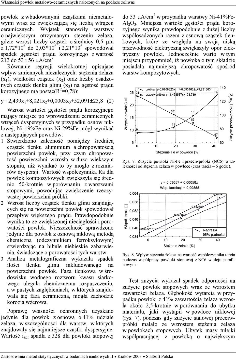 wartość 212 do 53 i 56 µa/cm 2 Równanie regresji wielokrotnej opisujące wpływ zmiennych niezależnych: stężenia żelaza (x 1 ), wielkości cząstek (x 2 ) oraz liczby osadzonych cząstek tlenku glinu (x 3