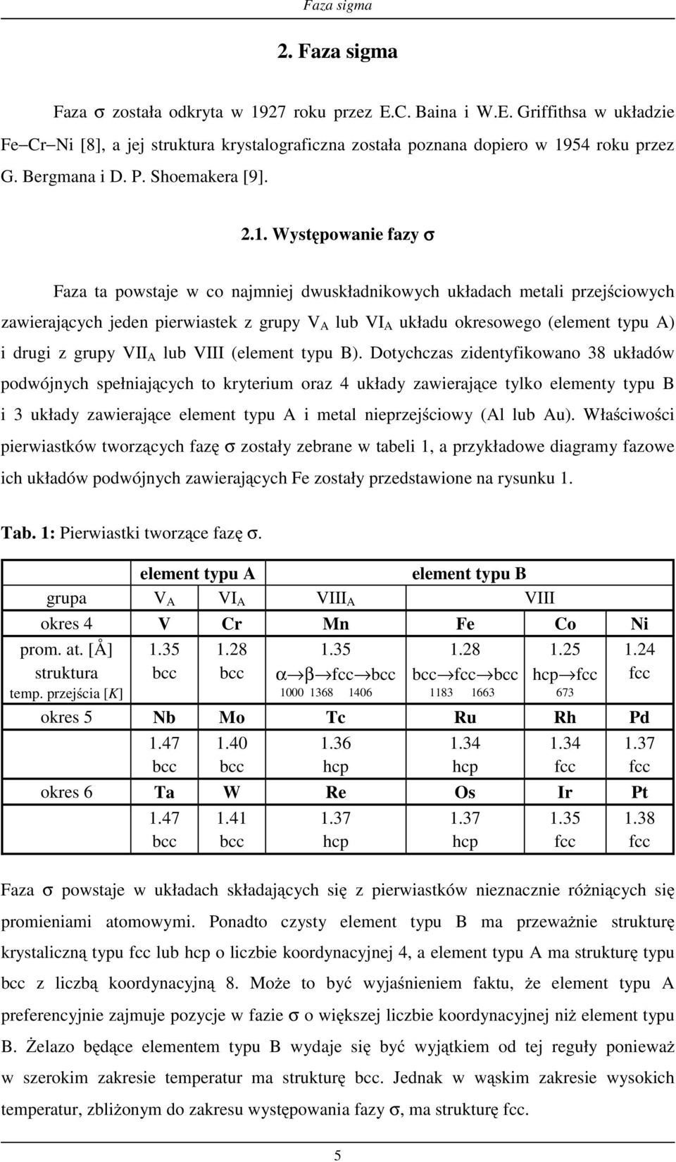 Występowanie fazy σ Faza ta powstaje w co najmniej dwuskładnikowych układach metali przejściowych zawierających jeden pierwiastek z grupy V A lub VI A układu okresowego (element typu A) i drugi z