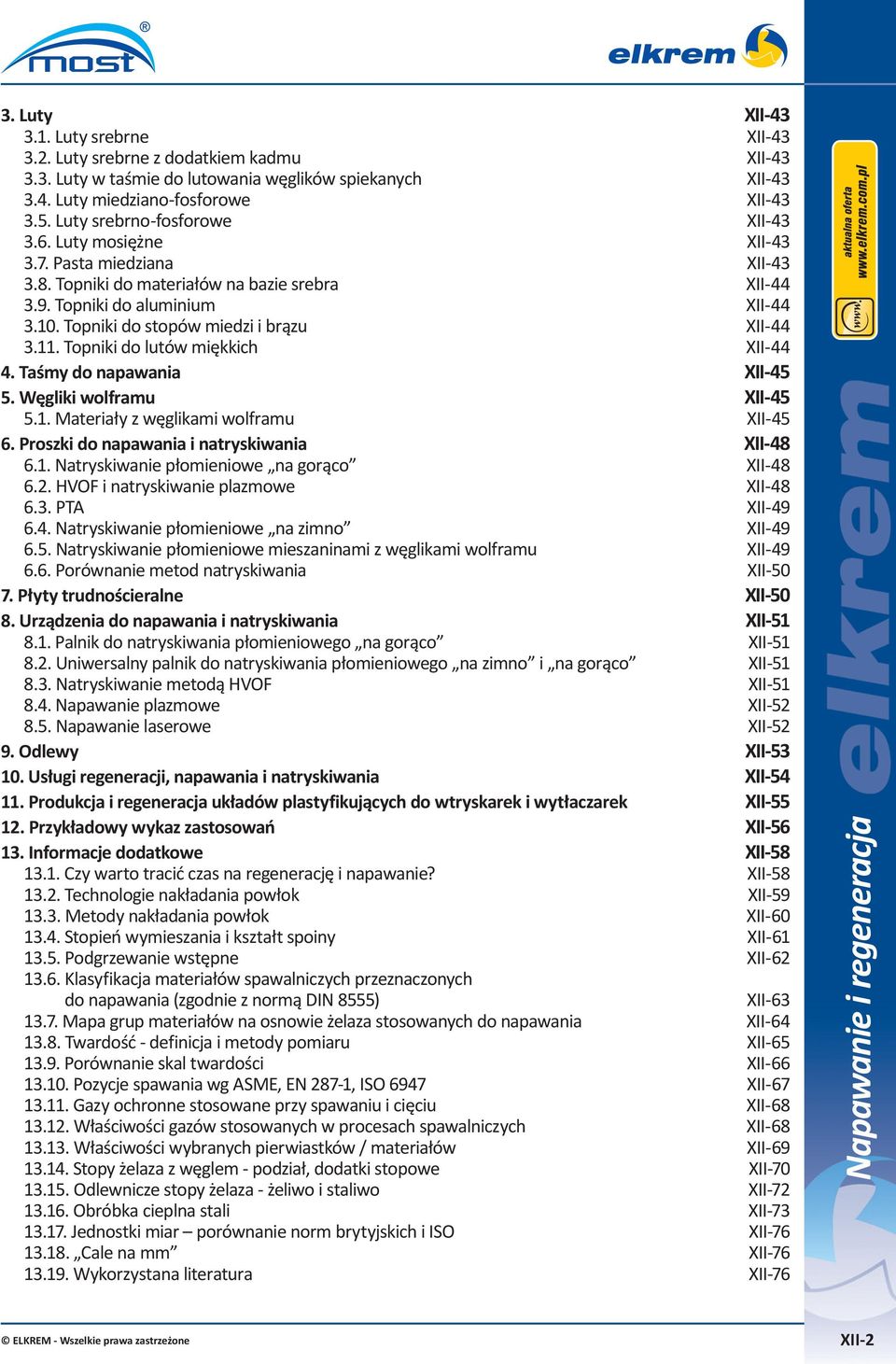 Topniki do stopów miedzi i brązu XII-44 3.11. Topniki do lutów miękkich XII-44 4. Taśmy do napawania XII-45 5. Węgliki wolframu XII-45 5.1. Materiały z węglikami wolframu XII-45 6.