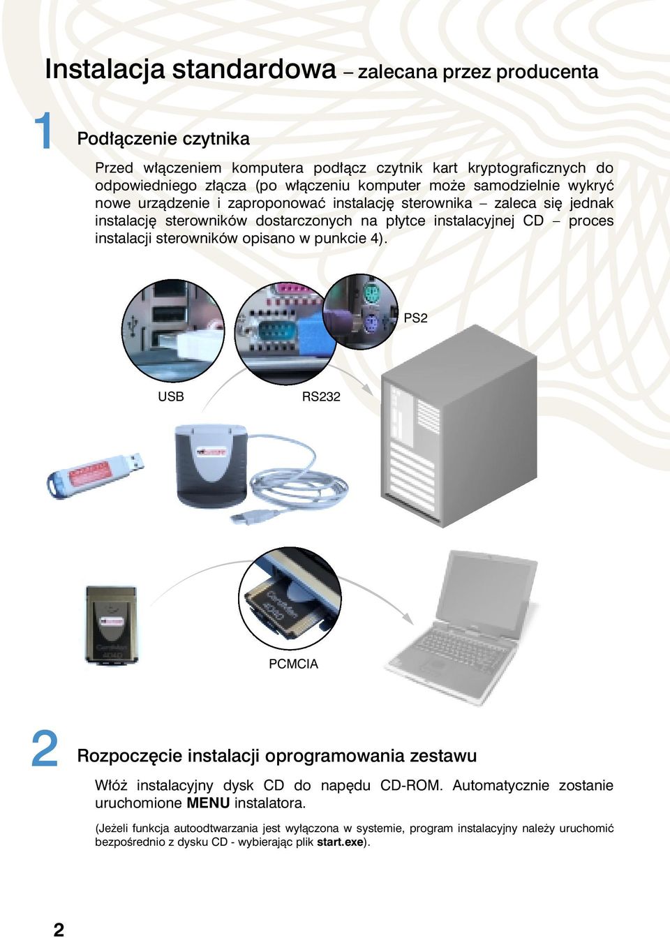 instalacji sterowników opisano w punkcie 4). PS2 USB RS232 PCMCIA 2 Rozpocz cie instalacji oprogramowania zestawu W ó instalacyjny dysk CD do nap du CD-ROM.