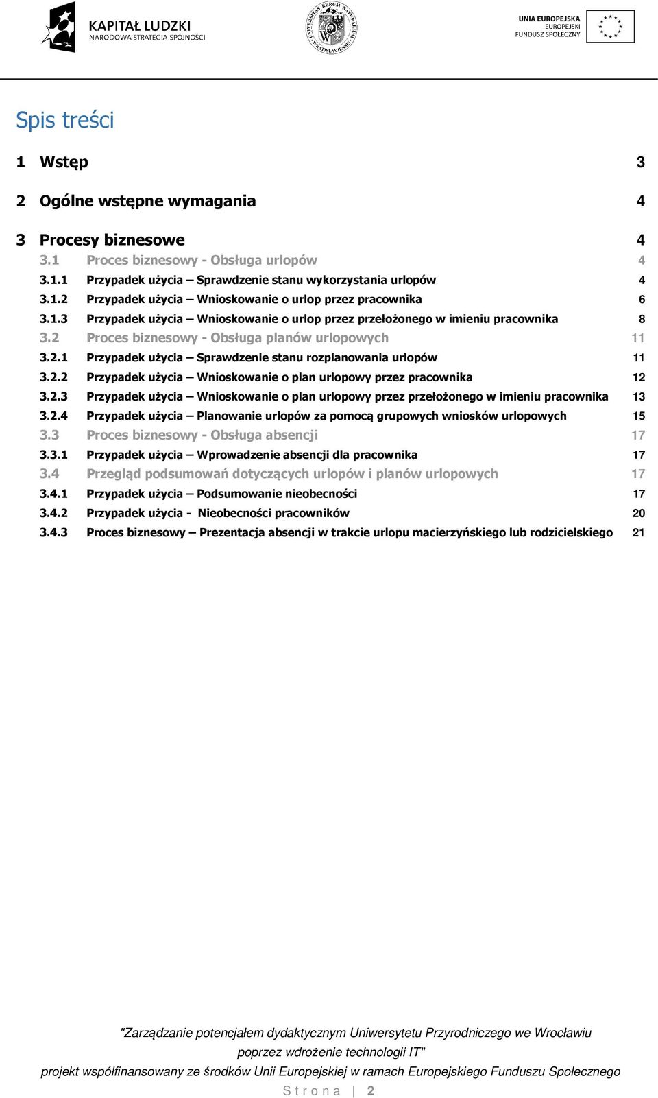 2.2 Przypadek użycia Wnioskowanie o plan urlopowy przez pracownika 12 3.2.3 Przypadek użycia Wnioskowanie o plan urlopowy przez przełożonego w imieniu pracownika 13 3.2.4 Przypadek użycia Planowanie urlopów za pomocą grupowych wniosków urlopowych 15 3.