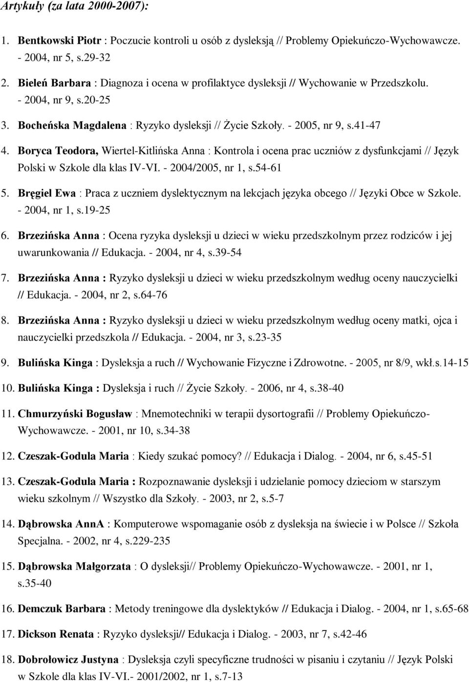 Boryca Teodora, Wiertel-Kitlińska Anna : Kontrola i ocena prac uczniów z dysfunkcjami // Język Polski w Szkole dla klas IV-VI. - 2004/2005, nr 1, s.54-61 5.