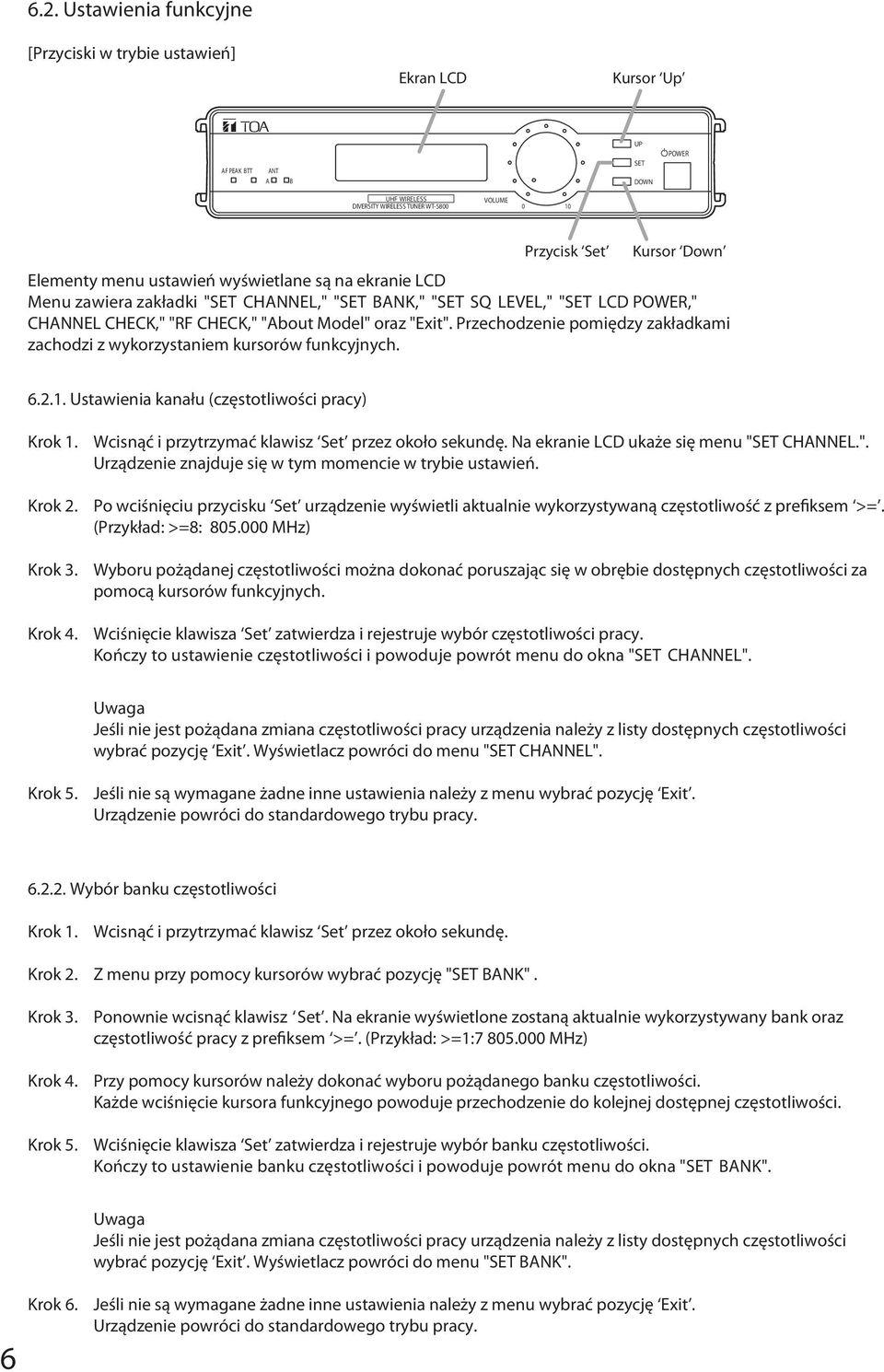 Przechodzenie pomiędzy zakładkami zachodzi z wykorzystaniem kursorów funkcyjnych. 6.2.1. Ustawienia kanału (częstotliwości pracy) Wcisnąć i przytrzymać klawisz Set przez około sekundę.