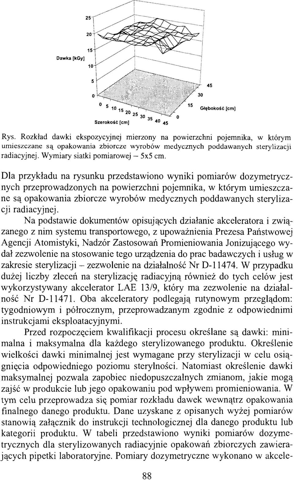 Dla przykładu na rysunku przedstawiono wyniki pomiarów dozymetrycznych przeprowadzonych na powierzchni pojemnika, w którym umieszczane są opakowania zbiorcze wyrobów medycznych poddawanych