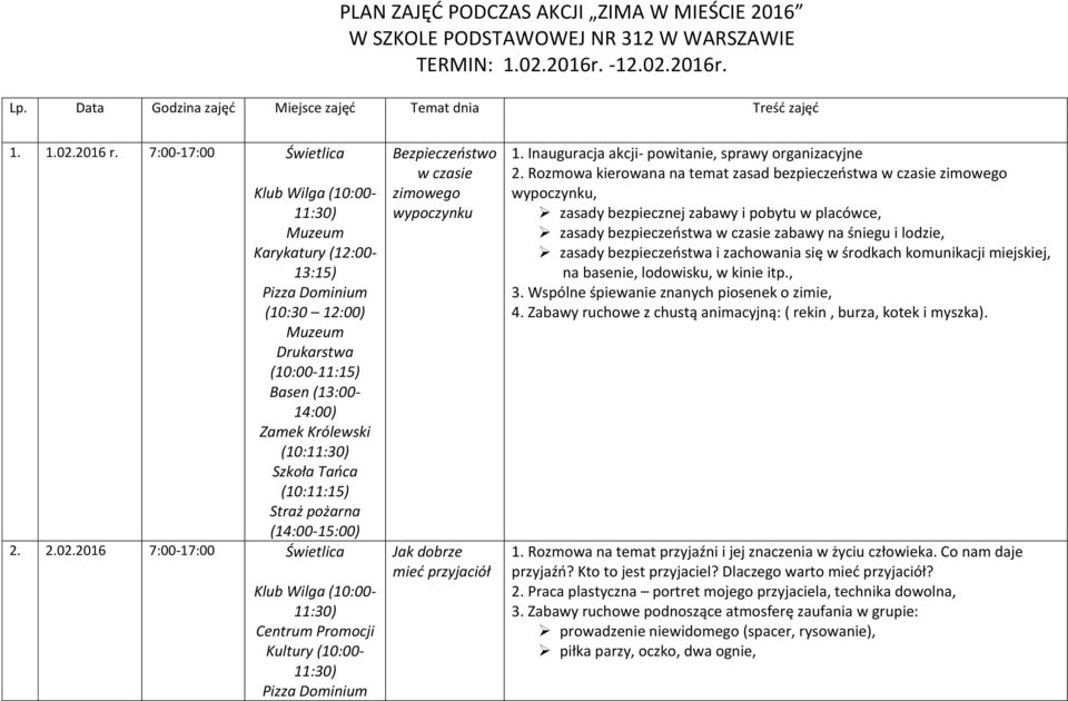 2016 7:00-17:00 Świetlica Centrum Promocji Kultury (10:00- Bezpieczeństwo w czasie zimowego wypoczynku Jak dobrze mieć przyjaciół 1. Inauguracja akcji- powitanie, sprawy organizacyjne 2.