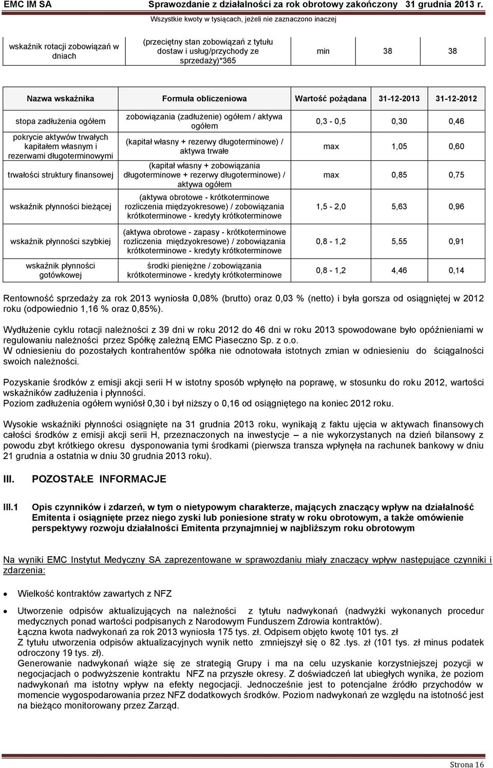 wskaźnik płynności gotówkowej zobowiązania (zadłużenie) ogółem / aktywa ogółem (kapitał własny + rezerwy długoterminowe) / aktywa trwałe (kapitał własny + zobowiązania długoterminowe + rezerwy