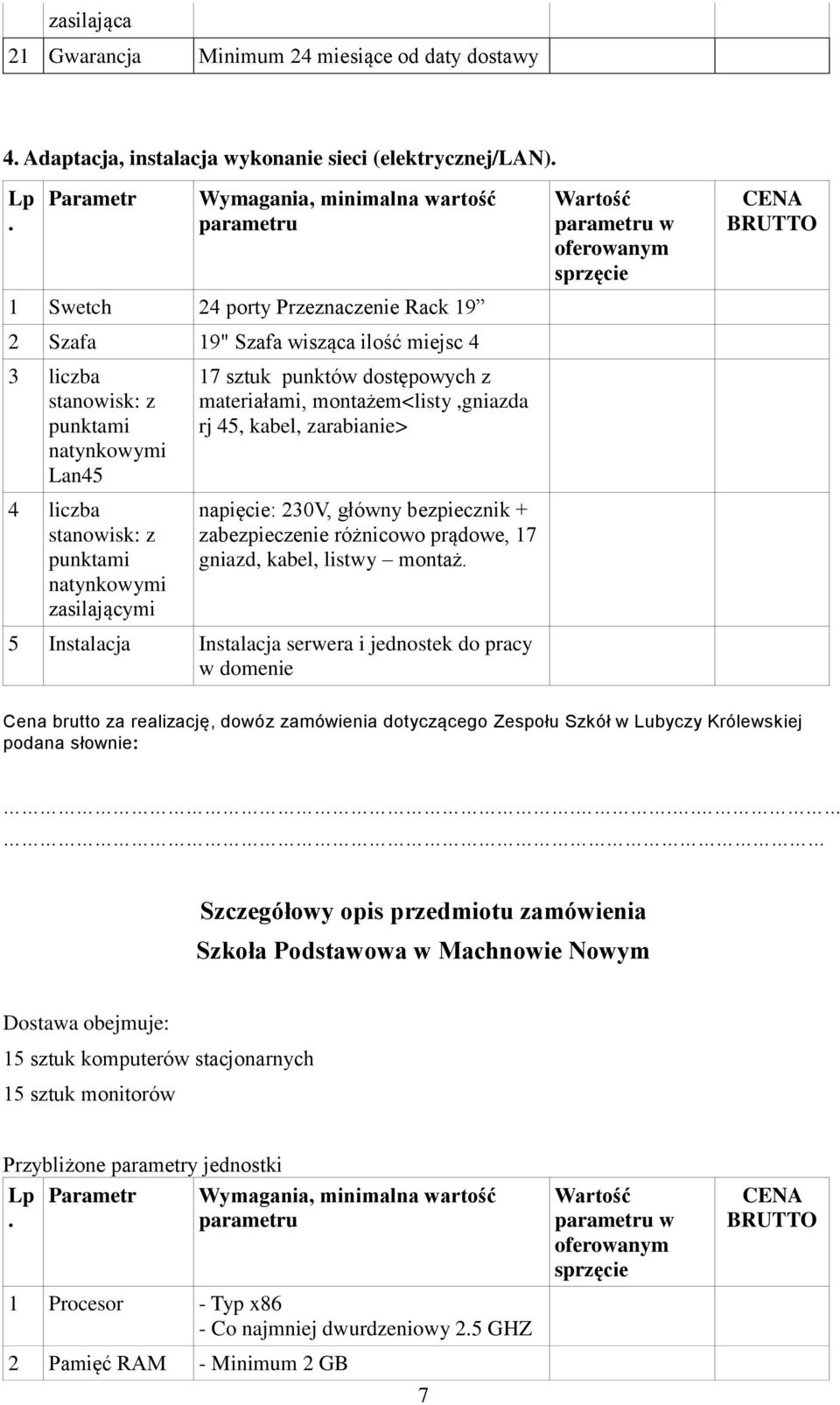 punktami natynkowymi zasilającymi 17 sztuk punktów dostępowych z materiałami, montażem<listy,gniazda rj 45, kabel, zarabianie> napięcie: 230V, główny bezpiecznik + zabezpieczenie różnicowo prądowe,