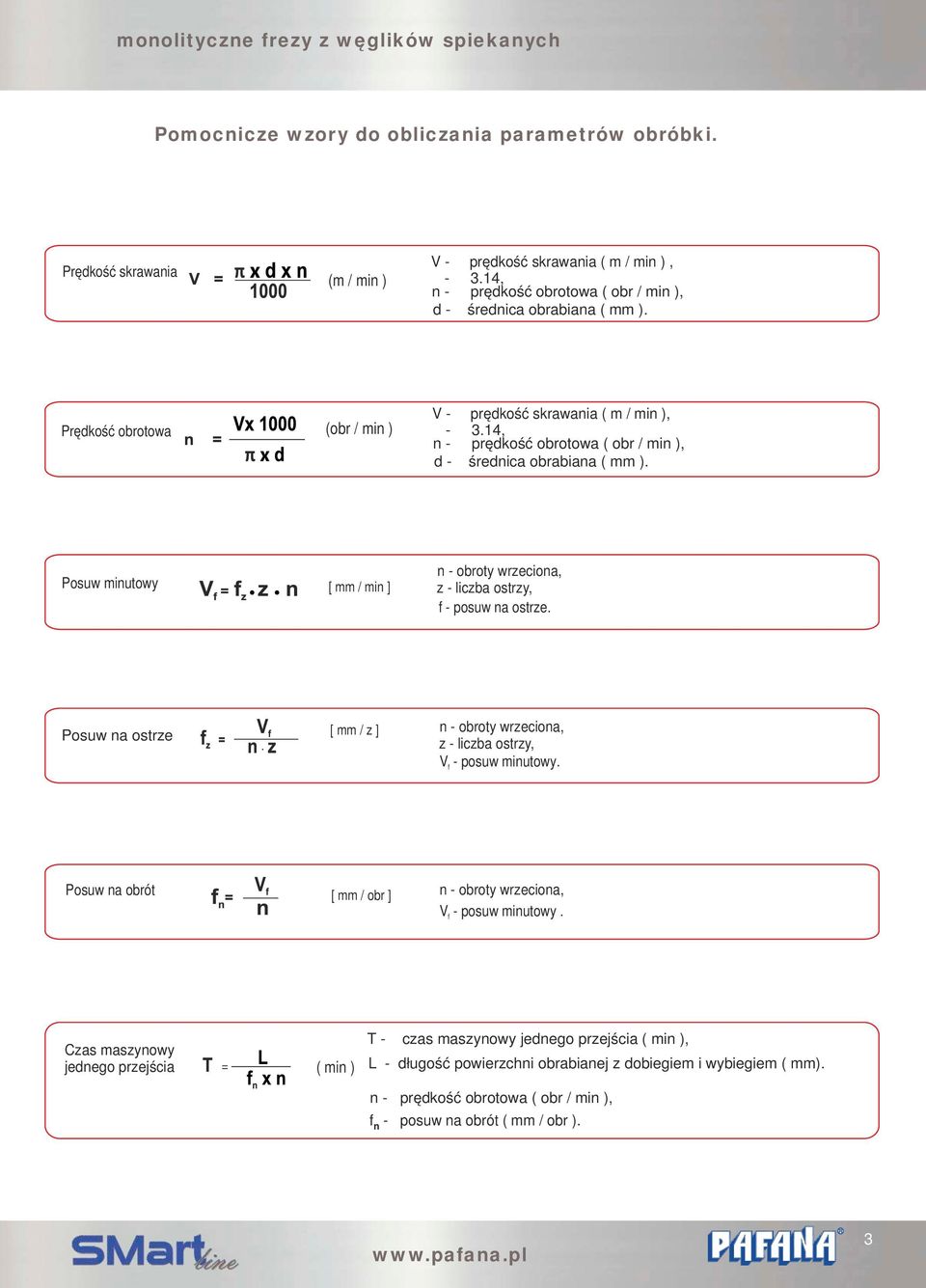 na ostrze [ mm / z ] n - obroty wrzeciona, z - iczba ostrzy, V f - posuw minutowy. na obrót [ mm / obr ] n - obroty wrzeciona, V f - posuw minutowy.