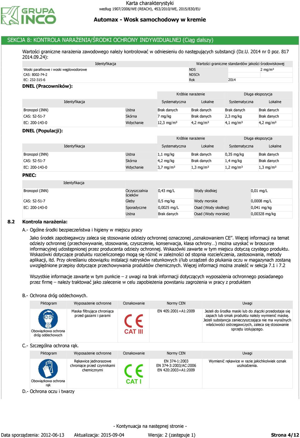 24): Woski parafinowe i woski węglowodorowe CAS: 8002-74-2 EC: 232-315-6 DNEL (Pracowników): NDS NDSCh Rok Wartości graniczne standardów jakości środowiskowej 2014 2 mg/m³ Krótkie narażenie Długa