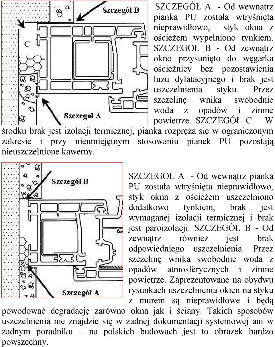 SZCZEGÓŁ C W środku brak jest izolacji termicznej, pianka rozpręża się w ograniczonym zakresie i przy nieumiejętnym stosowaniu pianek PU pozostają nieuszczelnione kawerny.