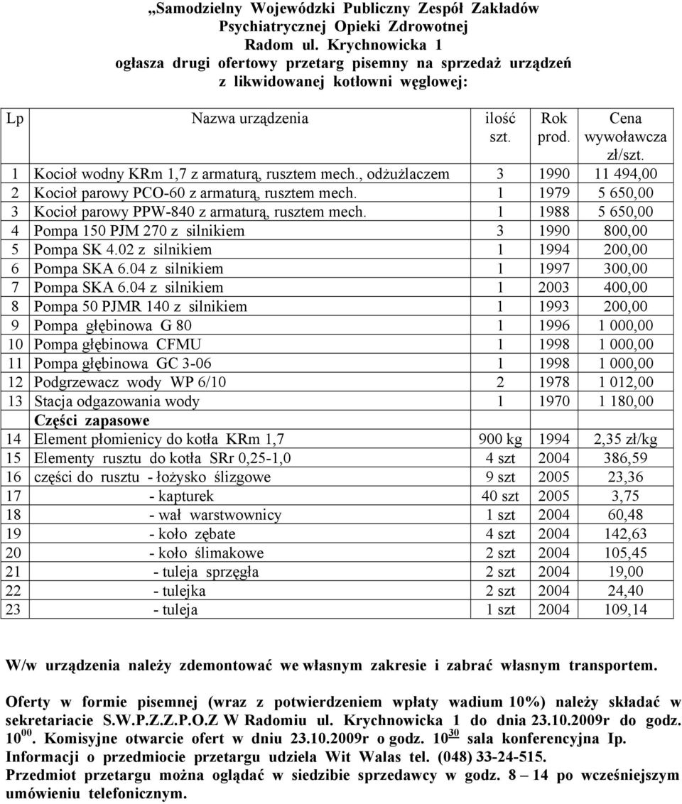 1 Kocioł wodny KRm 1,7 z armaturą, rusztem mech., odżużlaczem 3 1990 11 494,00 2 Kocioł parowy PCO-60 z armaturą, rusztem mech. 1 1979 5 650,00 3 Kocioł parowy PPW-840 z armaturą, rusztem mech.