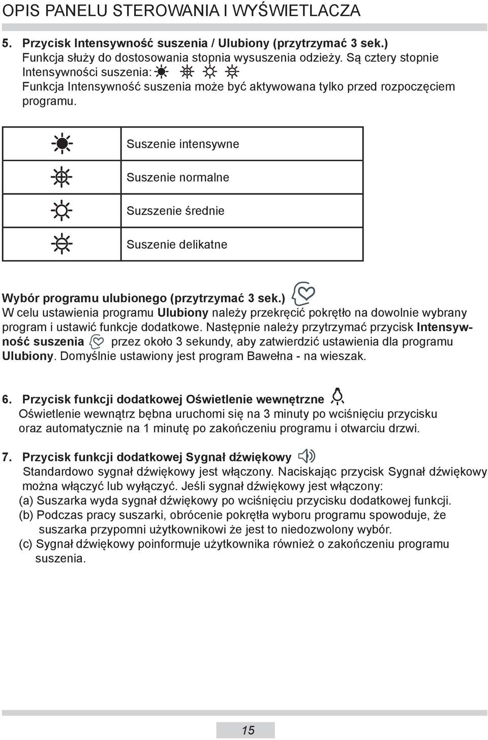 Suszenie intensywne Suszenie normalne Suzszenie średnie Suszenie delikatne Wybór programu ulubionego (przytrzymać 3 sek.