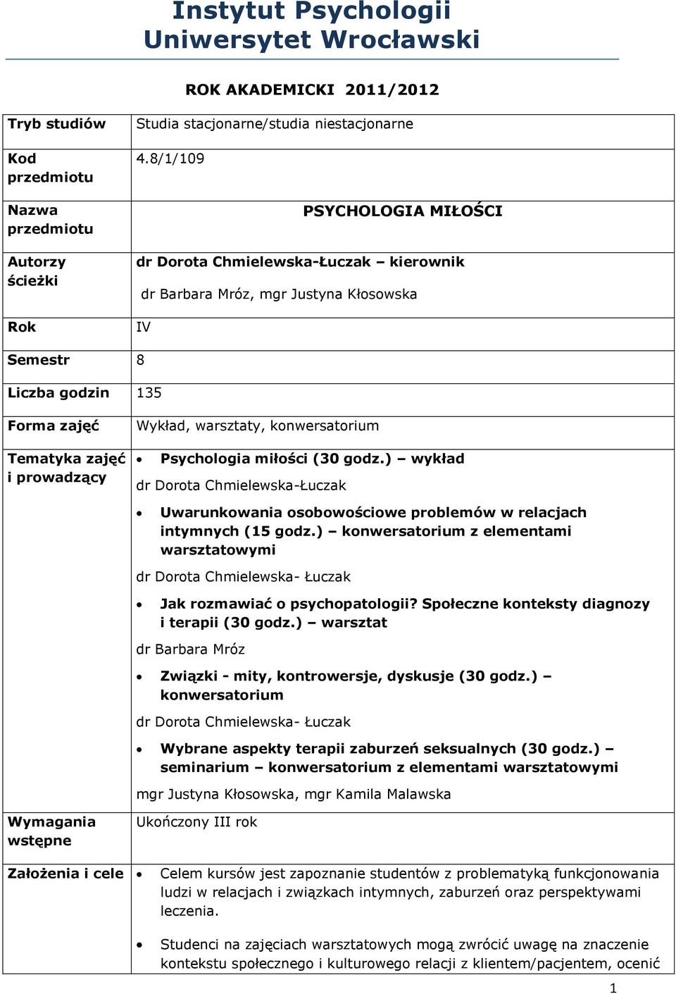 konwersatorium Psychologia miłości (30 godz.) wykład dr Dorota Chmielewska-Łuczak Uwarunkowania osobowościowe problemów w relacjach intymnych (15 godz.