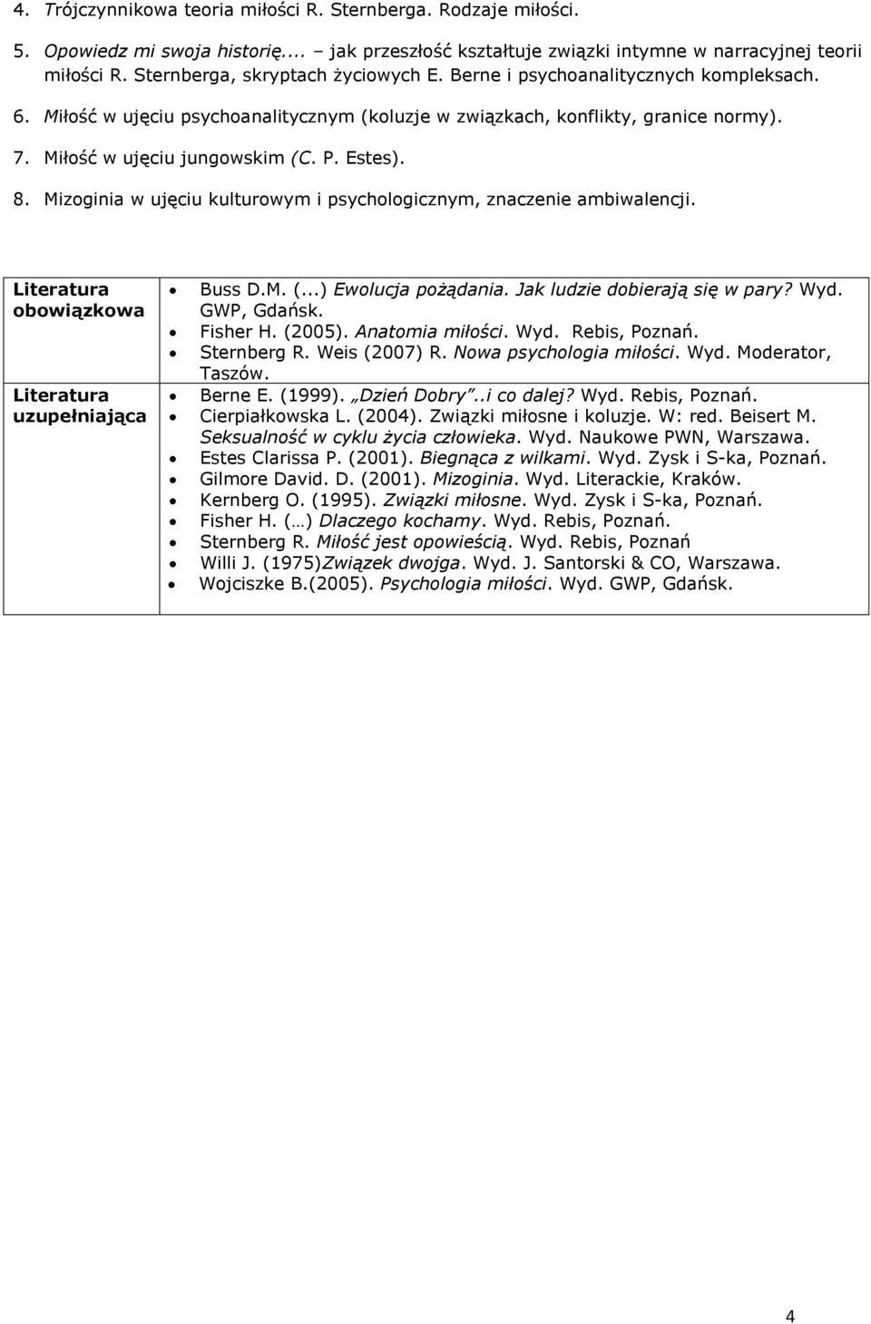 Estes). 8. Mizoginia w ujęciu kulturowym i psychologicznym, znaczenie ambiwalencji. obowiązkowa uzupełniająca Buss D.M. (...) Ewolucja pożądania. Jak ludzie dobierają się w pary? Wyd. GWP, Gdańsk.