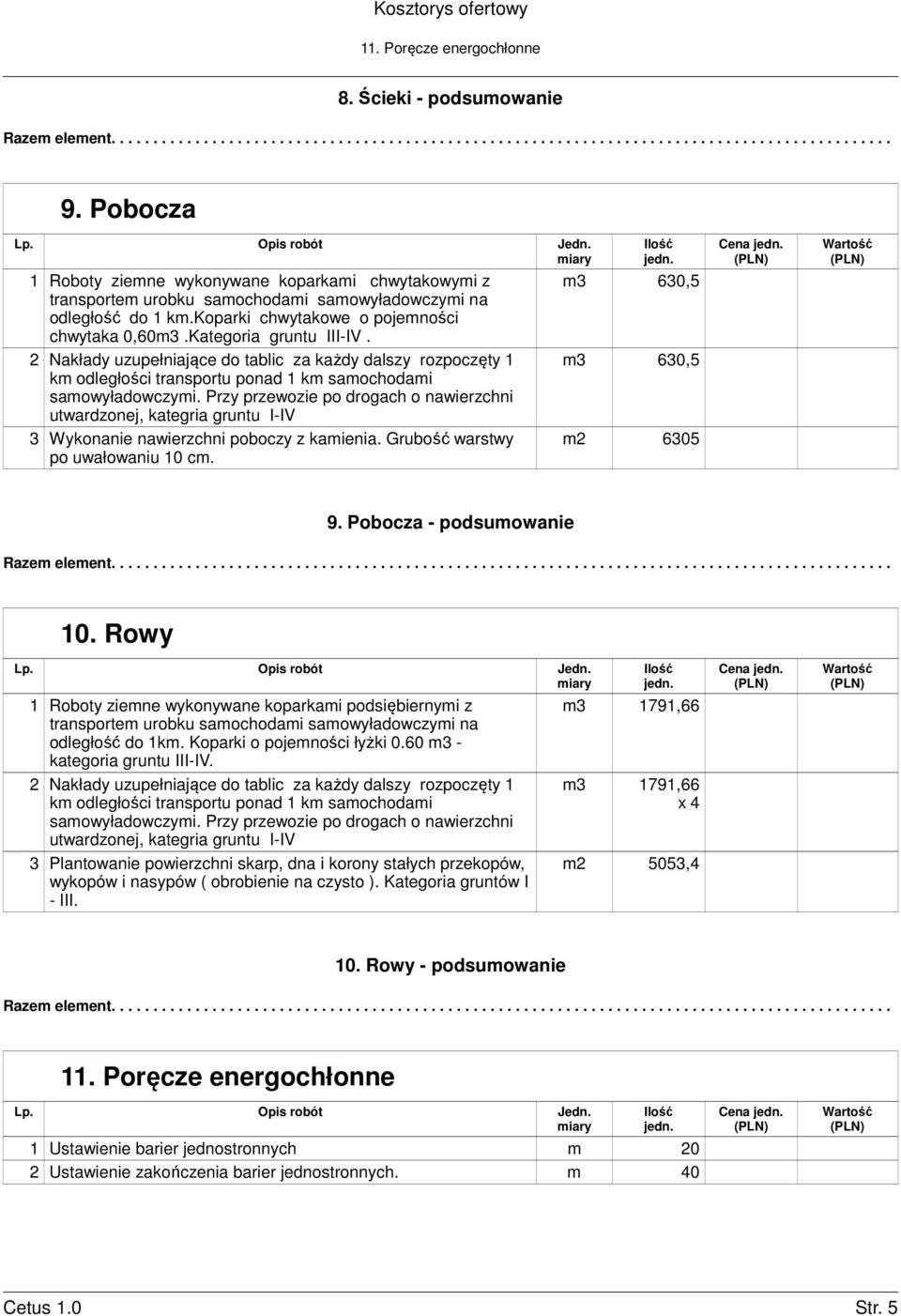 Pobocza - podsumowanie 10. Rowy 1 Roboty ziemne wykonywane koparkami podsiębiernymi z odległość do 1km. Koparki o pojemności łyżki 0.60 m3 - kategoria gruntu III-IV.