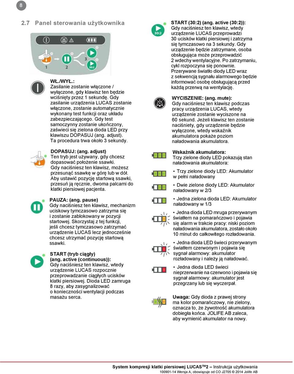 Gdy test samoczynny zostanie ukończony, zaświeci się zielona dioda LED przy klawiszu DOPASUJ (ang. adjust). Ta procedura trwa około 3 sekundy. DOPASUJ: (ang.