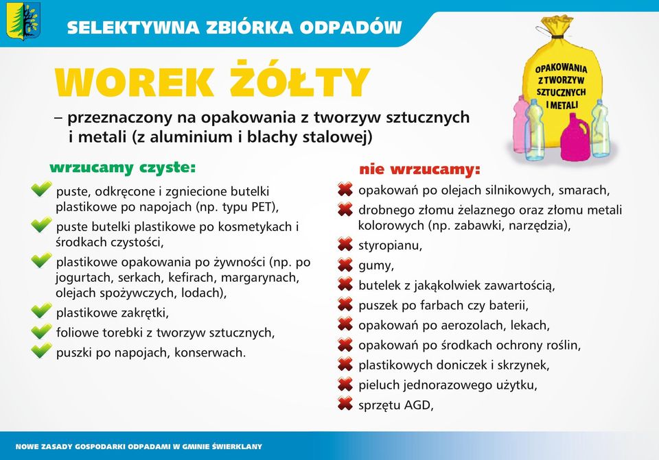 po jogurtach, serkach, kefirach, margarynach, olejach spożywczych, lodach), plastikowe zakrętki, foliowe torebki z tworzyw sztucznych, puszki po napojach, konserwach.