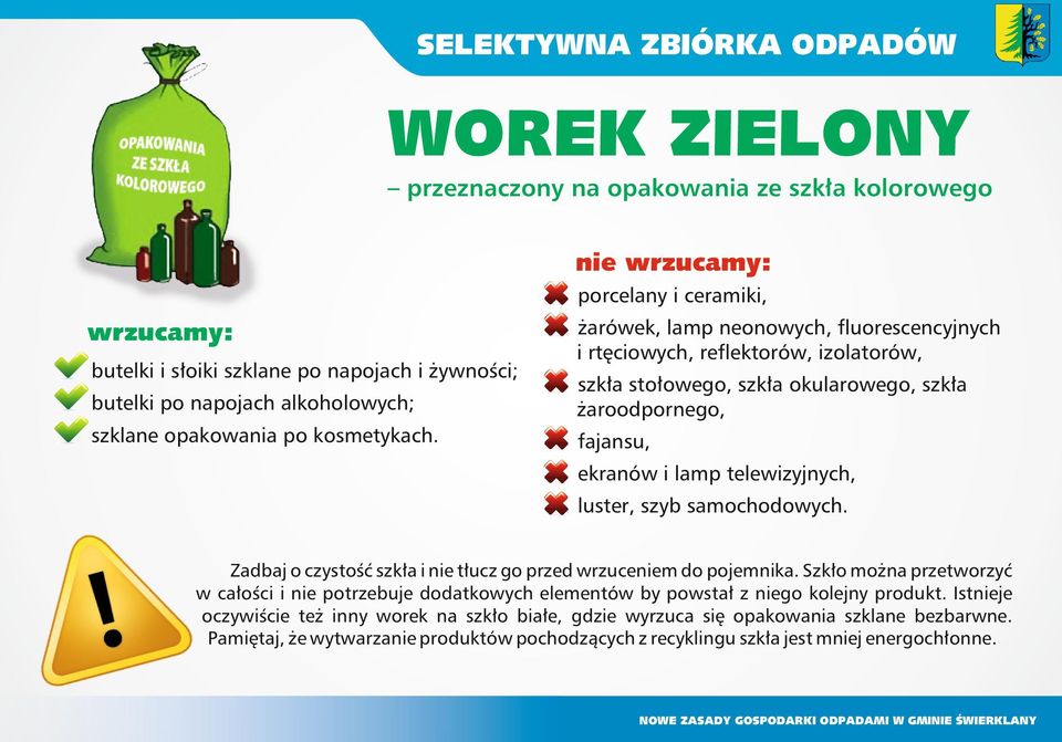 fajansu, ekranów i lamp telewizyjnych, luster, szyb samochodowych. Zadbaj o czystość szkła i nie tłucz go przed wrzuceniem do pojemnika.