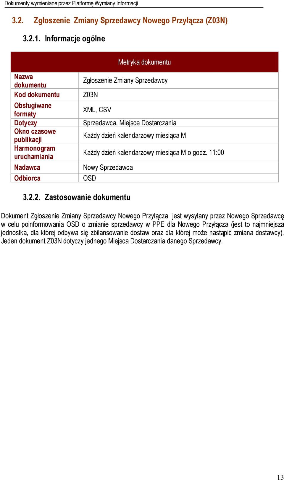 CSV Sprzedawca, Miejsce Dostarczania KaŜdy dzień kalendarzowy miesiąca M KaŜdy dzień kalendarzowy miesiąca M o godz. 11:00 Nowy Sprzedawca OSD 3.2.