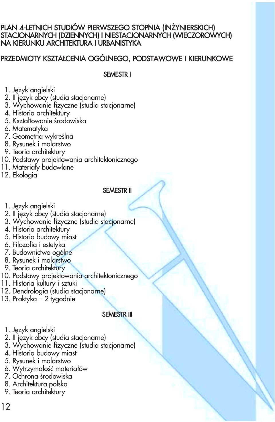 Teoria architektury 10. Podstawy projektowania architektonicznego 11. Materiały budowlane 12. Ekologia SEMESTR II 3. Wychowanie fizyczne (studia stacjonarne) 4. Historia architektury 5.