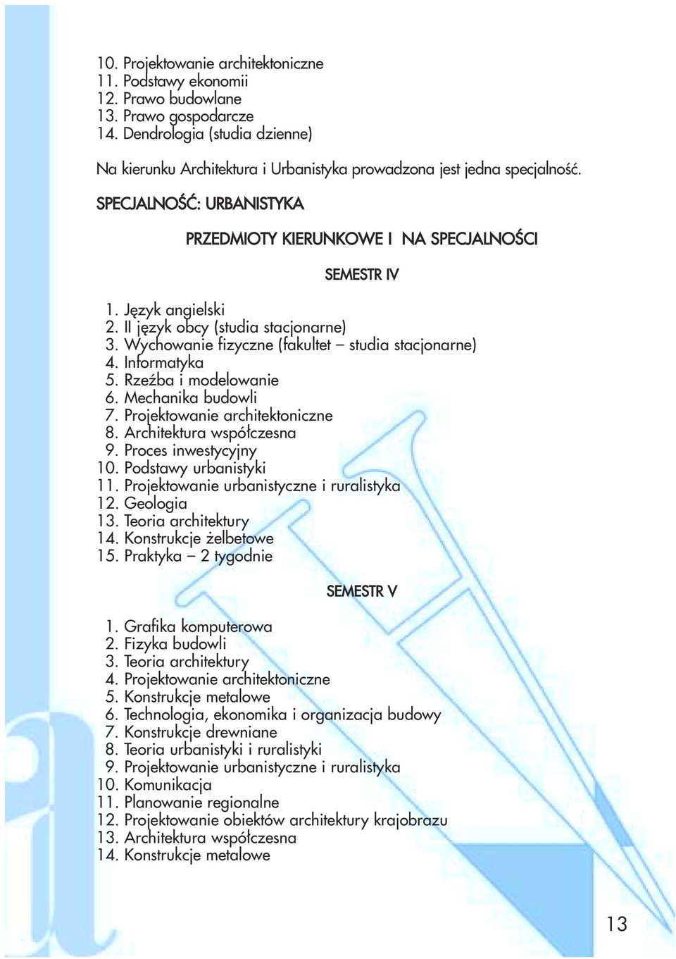 Wychowanie fizyczne (fakultet studia stacjonarne) 4. Informatyka 5. Rzeźba i modelowanie 6. Mechanika budowli 7. Projektowanie architektoniczne 8. Architektura współczesna 9. Proces inwestycyjny 10.