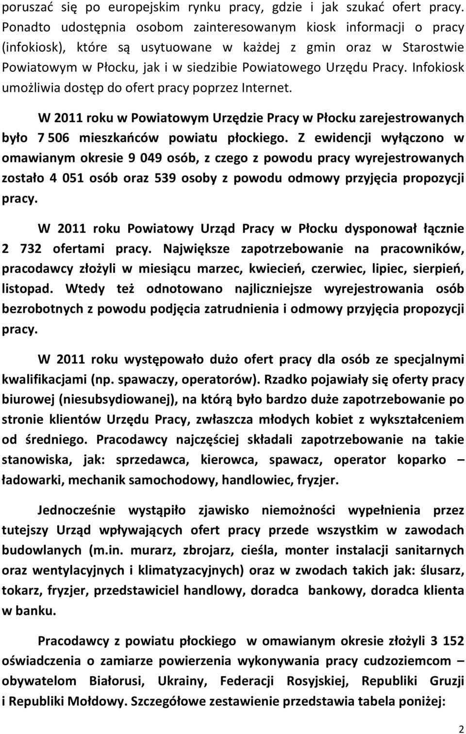 Infokiosk umożliwia dostęp do ofert pracy poprzez Internet. W 2011 roku w Powiatowym Urzędzie Pracy w Płocku zarejestrowanych było 7 506 mieszkańców powiatu płockiego.
