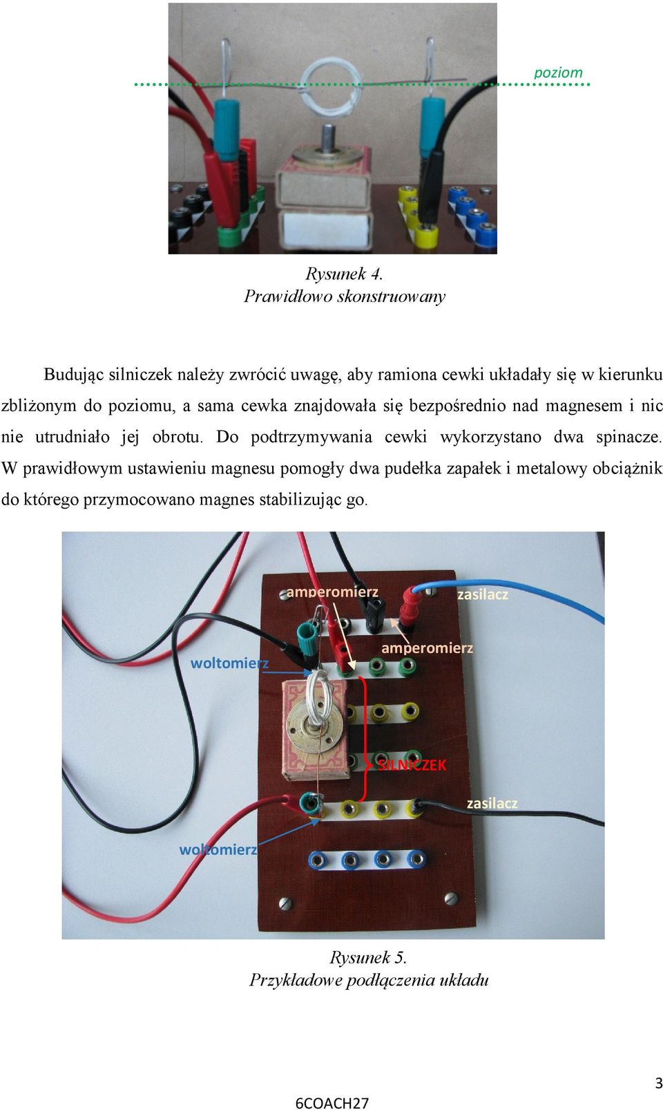 bezpośrednio nad magnesem i nic nie utrudniało jej obrotu. Do podtrzymywania cewki wykorzystano dwa spinacze.