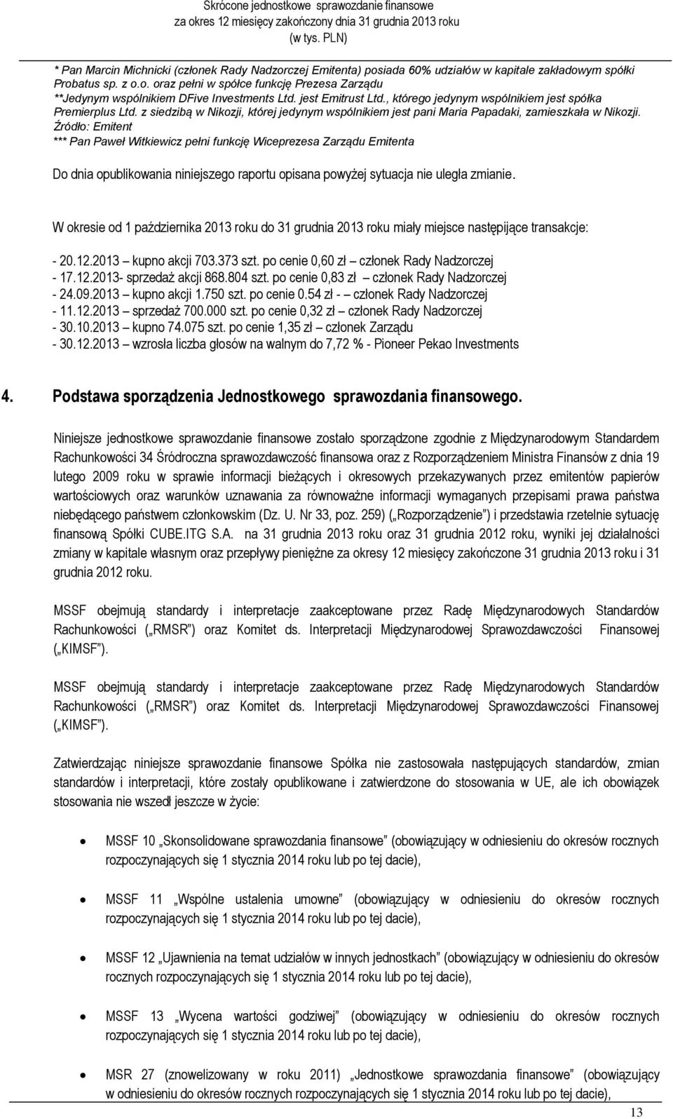 Źródło: Emitent *** Pan Paweł Witkiewicz pełni funkcję Wiceprezesa Zarządu Emitenta Do dnia opublikowania niniejszego raportu opisana powyżej sytuacja nie uległa zmianie.