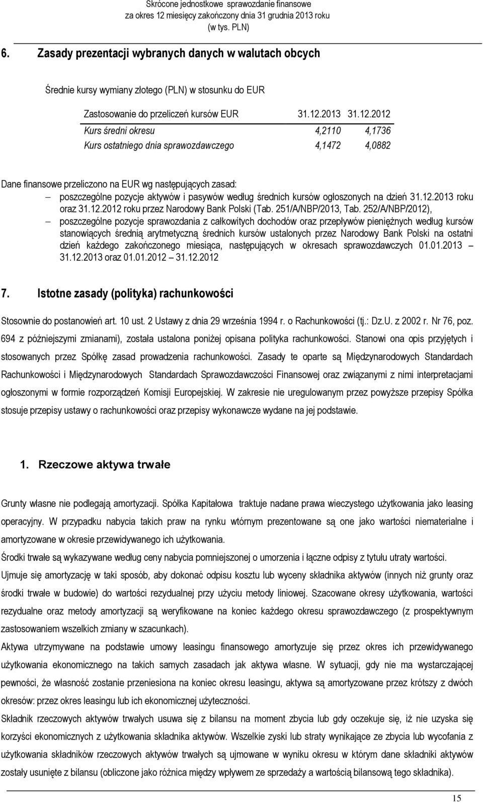 2012 Kurs średni okresu 4,2110 4,1736 Kurs ostatniego dnia sprawozdawczego 4,1472 4,0882 Dane finansowe przeliczono na EUR wg następujących zasad: poszczególne pozycje aktywów i pasywów według