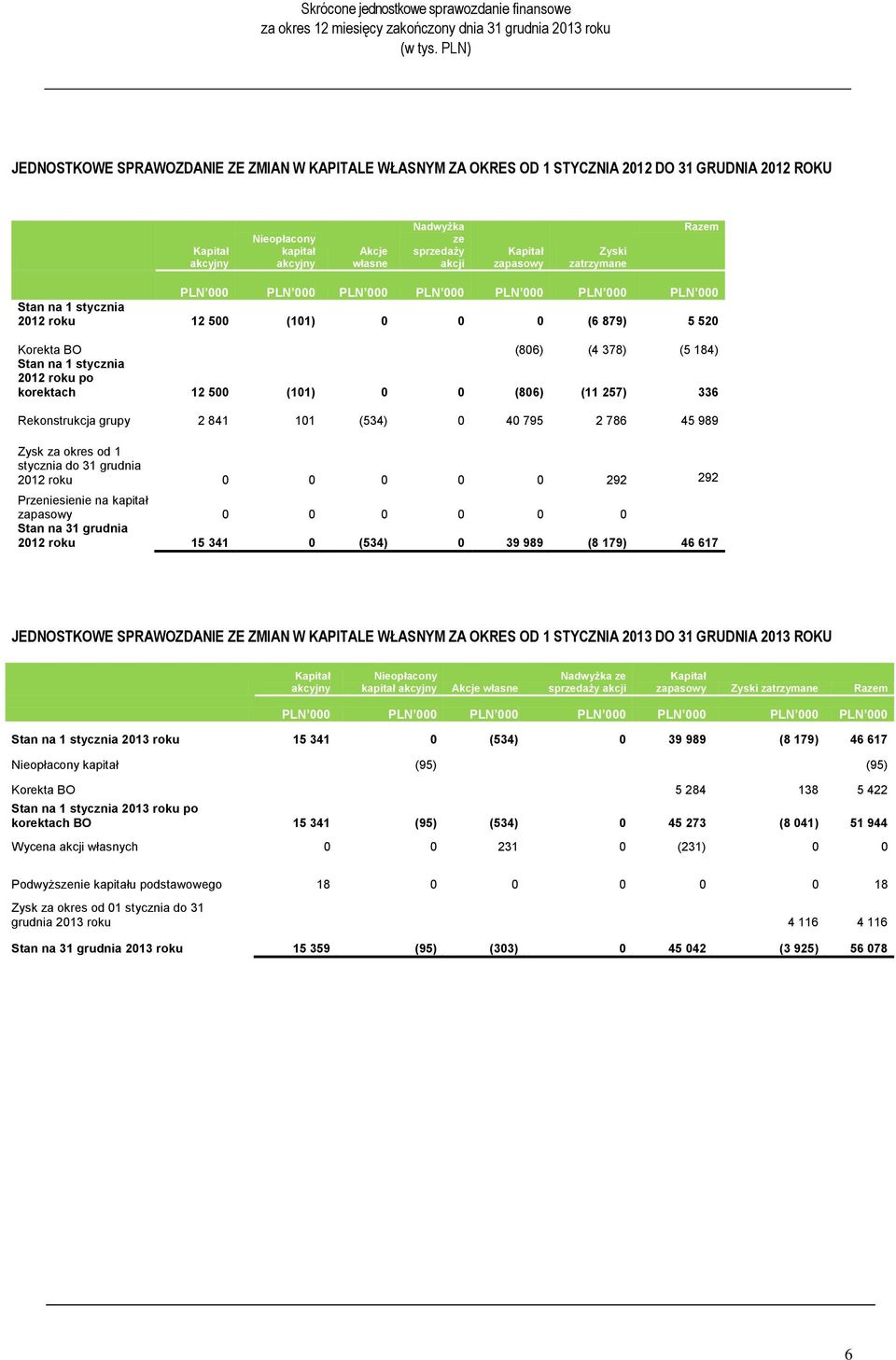 stycznia 2012 roku po korektach 12 500 (101) 0 0 (806) (11 257) 336 Rekonstrukcja grupy 2 841 101 (534) 0 40 795 2 786 45 989 Zysk za okres od 1 stycznia do 31 grudnia 2012 roku 0 0 0 0 0 292 292