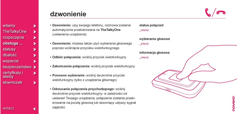 wybieranie: wciśnij dwukrotnie przycisk wielofunkcyjny (tylko z urządzenia głównego) Odrzucanie połączenia przychodzącego: wciśnij dwukrotnie przycisk wielofunkcyjny- w