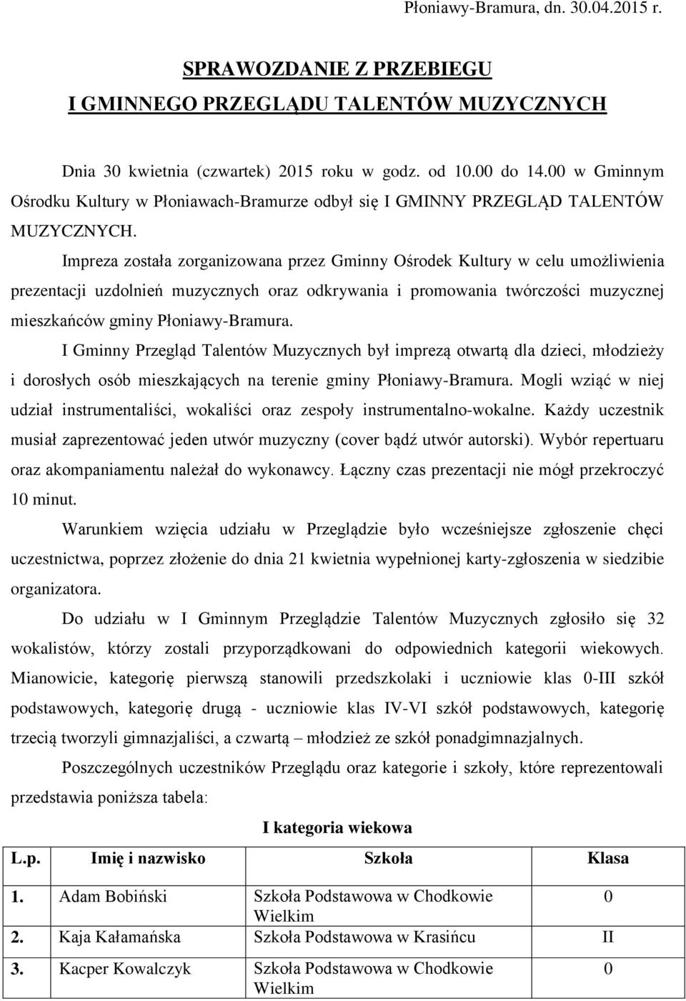 mpreza została zorganizowana przez Gminny Ośrodek Kultury w celu umożliwienia prezentacji uzdolnień muzycznych oraz odkrywania i promowania twórczości muzycznej mieszkańców gminy Płoniawy-Bramura.